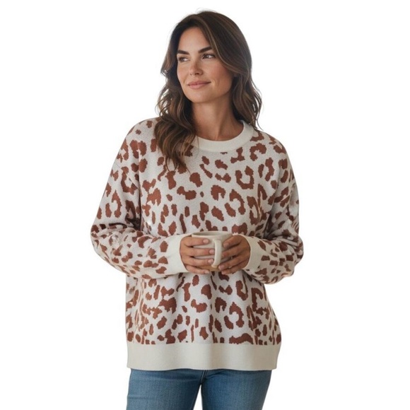 Daily Ritual Sweaters - NEW DAILY RITUAL SZ XL CREAM TAN LEOPARD PRINT CREW NECK PULLOVER SWEATER
